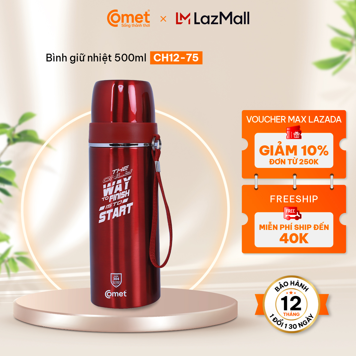  Bình giữ nhiệt 500ml COMET CH12-75 - Giữ nhiệt từ 6-8 tiếng bình giữ nhiệt có dây treo nắp có thể dùng làm ca uống nước tiện lợi - Hàng chính hãng 
