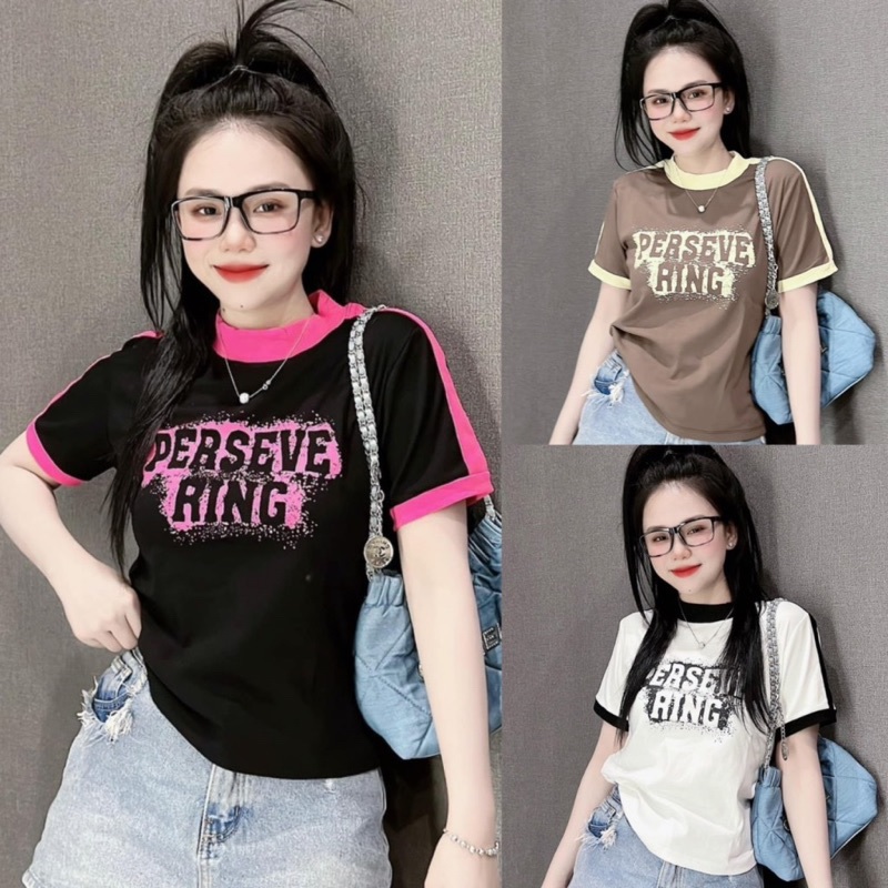 Áo thun nữ baby tee perseve phối sọc cá tính