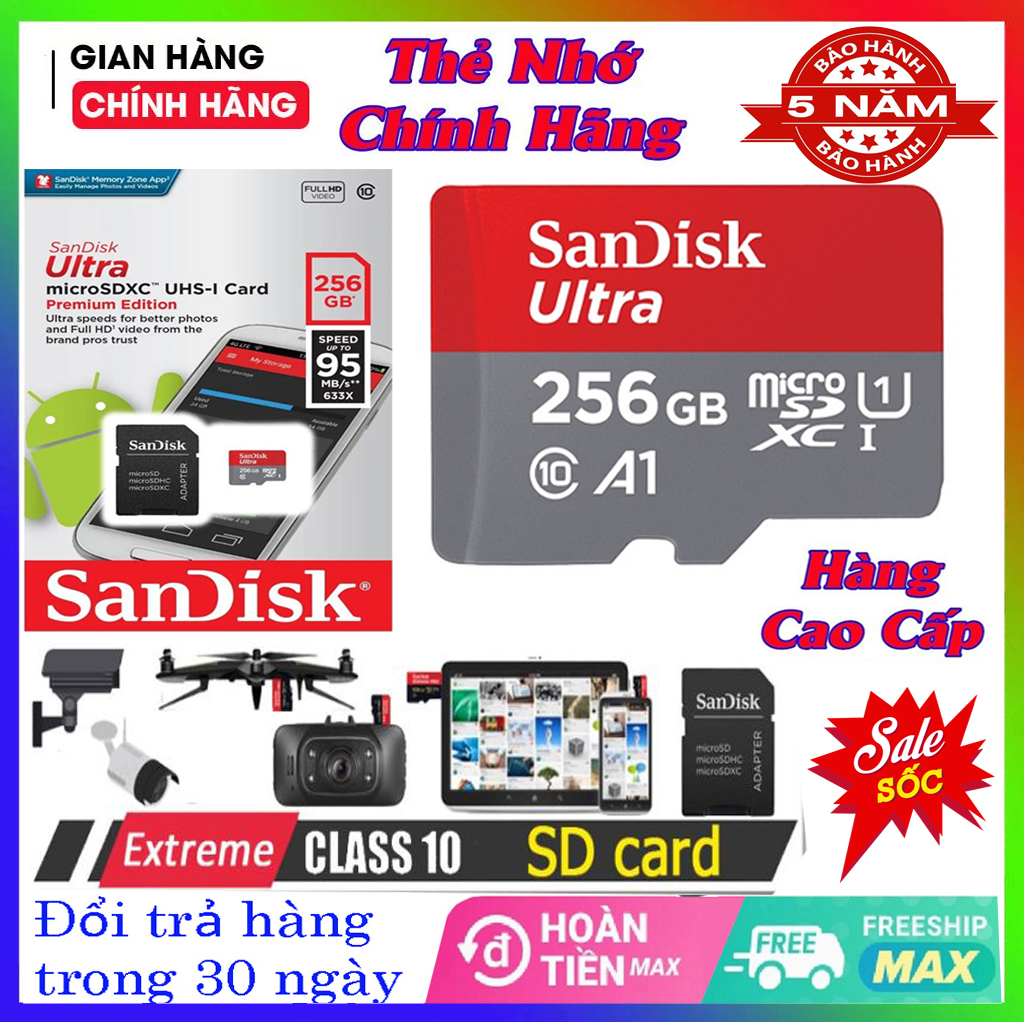 Thẻ Micro SD Sandisk Ultra 128GB 32GB 64GB 256GB 16GB Chuyên Dùng Cho CAMERA và Điện Thoại Thẻ TF Micro Sd Class10 Tốc độ 100MB/S