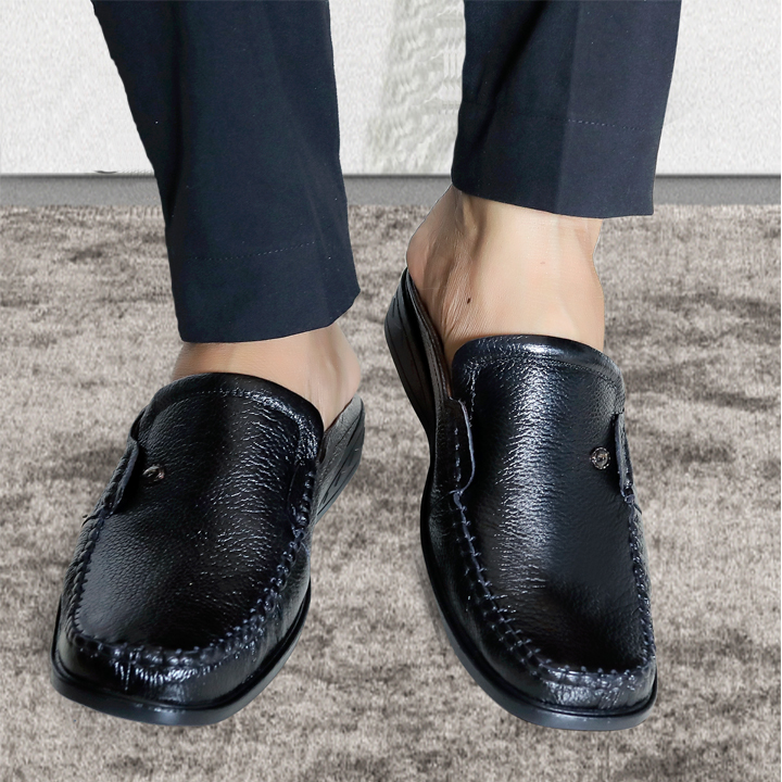 Dép nam bít mũi da bò màu đen  Trường Hải hàng thủ công may đế chắc chắn THB02