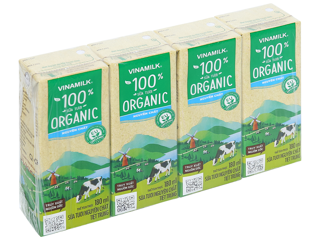 [Siêu thị WinMart] - Sữa tươi tiệt trùng không đường 100% Organic Vinamilk lốc 4 hộp x 180ml