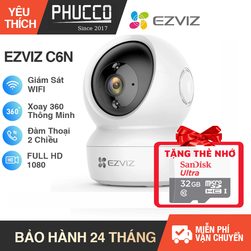Camera wi-fi ezviz c6n 1080p fhd + kèm thẻ nhớ 32gb, quay 360 độ, quan sát ban đêm, đàm thoại 2 chiều