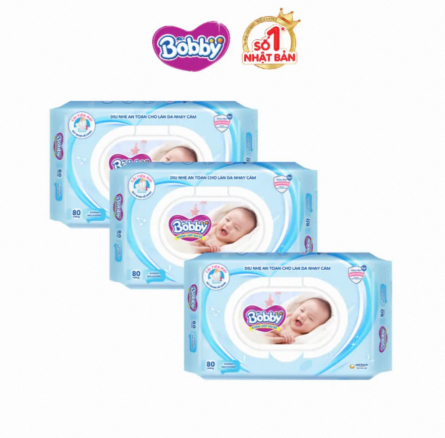 [MKB Gift] Combo 3 gói khăn ướt Bobby không mùi 80 miếng