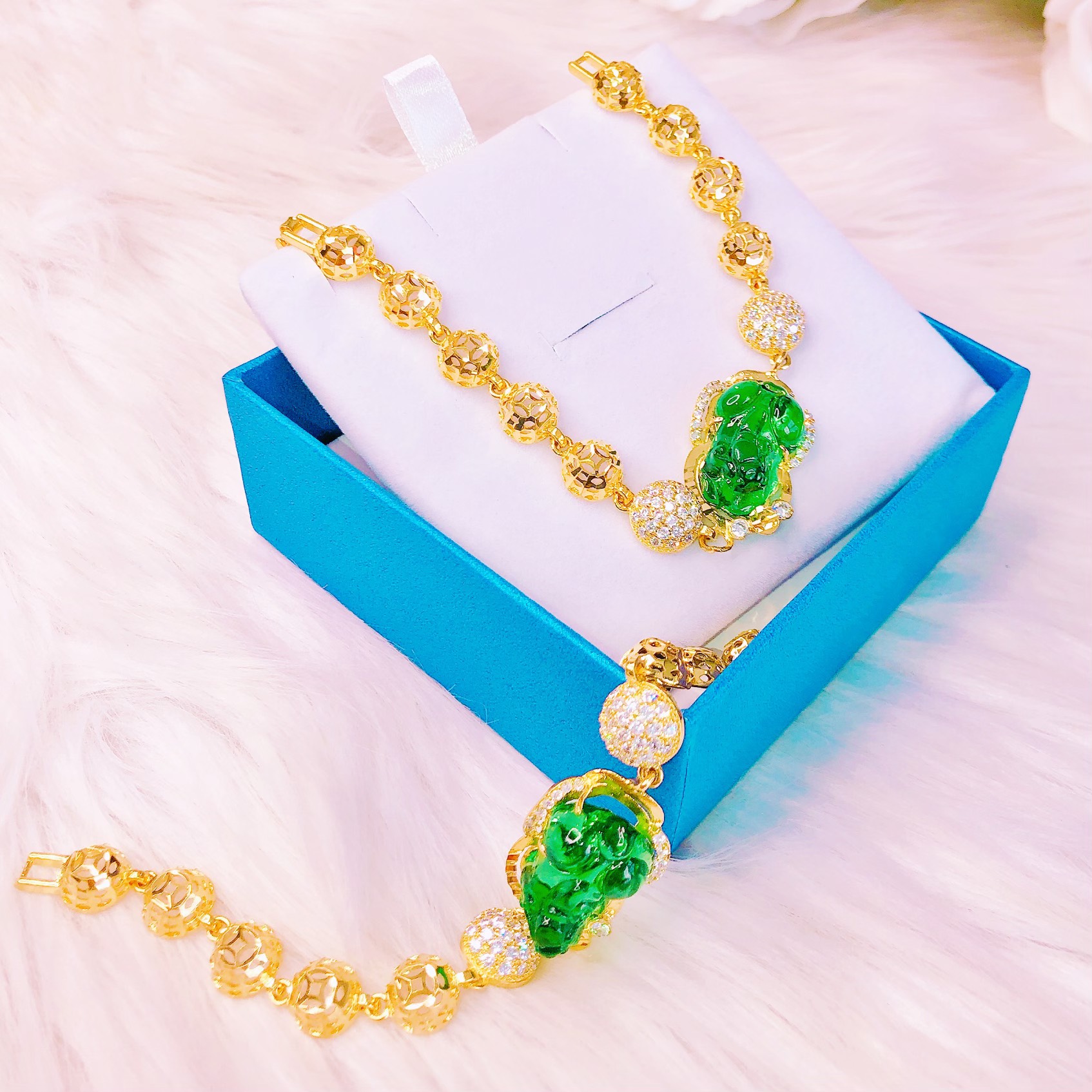 Vòng tay vàng 18k, lắc tay tỳ hưu mạ vàng thật cao cấp đá xanh lá thạch anh đeo phong thủy  Minshop VL15012023 - đeo đi đám cưới vô cùng quý phái (mới)