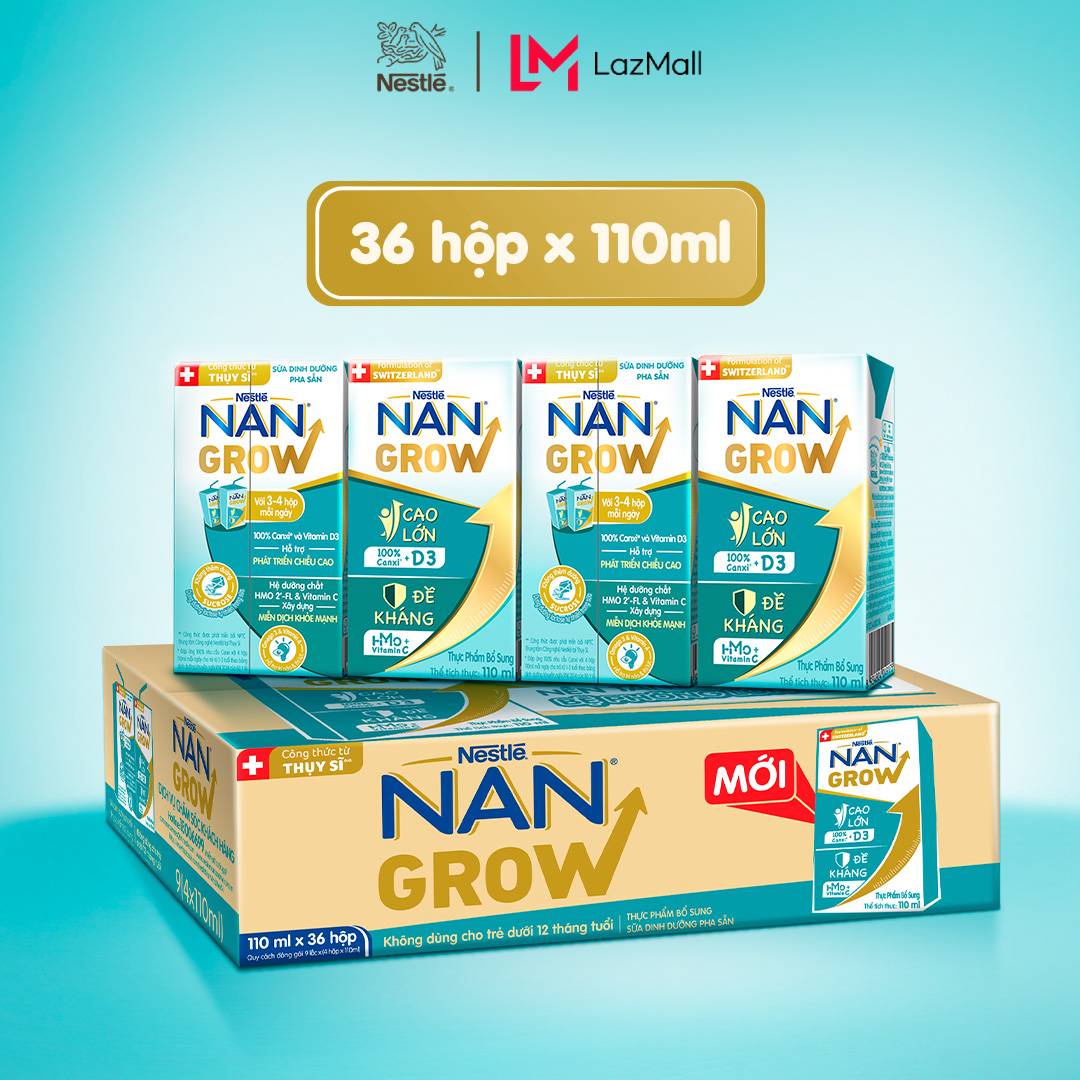 [Chỉ 11.06 QT Đơn 599K/999K/1299K] Thùng 36 hộp Sữa Dinh Dưỡng Pha Sẵn Nestle NANGROW 110ml cho bé trên 1 tuổi - Sữa nước vị nhạt thanh mát hỗ trợ Tăng cân, chiều cao, đề kháng, phát triển trí não công thức từ Thụy Sĩ