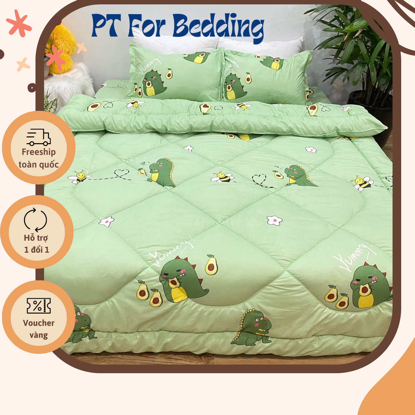 Bộ Chăn Ga Gối Cotton Poly Mẫu Khủng Long Bơ Họa Tiết Cực Đẹp, Chất Liệu Cotton Poly Siêu Mềm Mịn, Thấm Hút Mồ Hôi, Không Phai Màu, Có Thể Giặt Máy