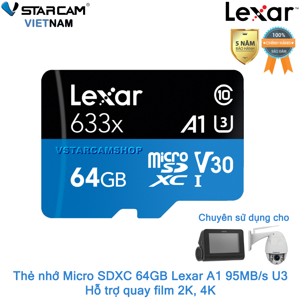 Thẻ nhớ micro sd 64gb 95mb/s a1 v10 u3 lexar, hỗ trợ quay film 2k, 4k bảo hành 5 năm