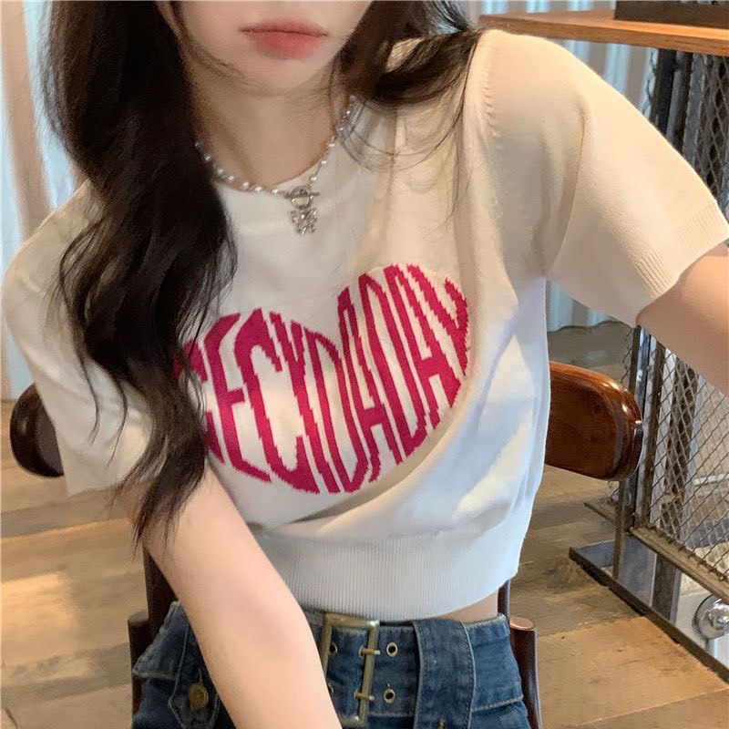 Áo Croptop Tay Ngắn Trái Tim Ngược In Họa Tiết Phong Cách Hàn Quốc Quyến Rũ
