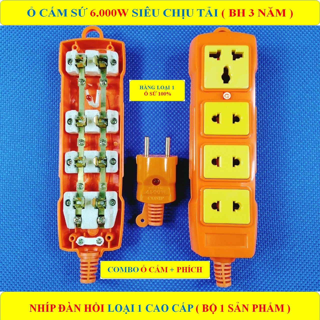Combo 1 Ổ CẮM ĐIỆN SỨ + 1 PHÍCH CẮM CHỊU TẢI CAO 6.000W đa năng LOẠI 1 CAO CẤP + BH 3 NĂM + 4 Lỗ cắm lõi SỨ chịu tải, chịu nhiệt + Đèn LED báo (bộ 1 sản phẩm)