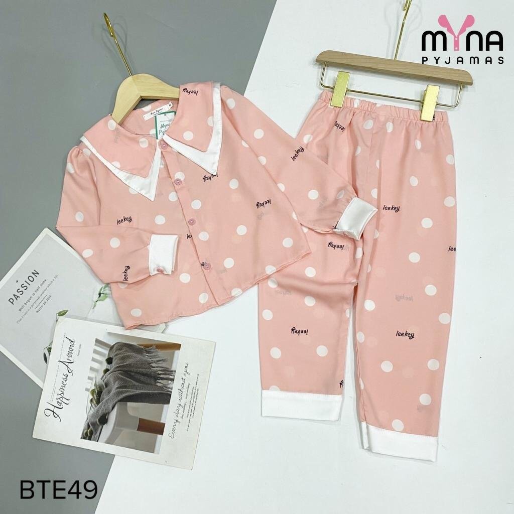 Quần áo trẻ em pijama bé gái tay dài quần dài cổ nhọn, chất lụa mango, ảnh chụp thật