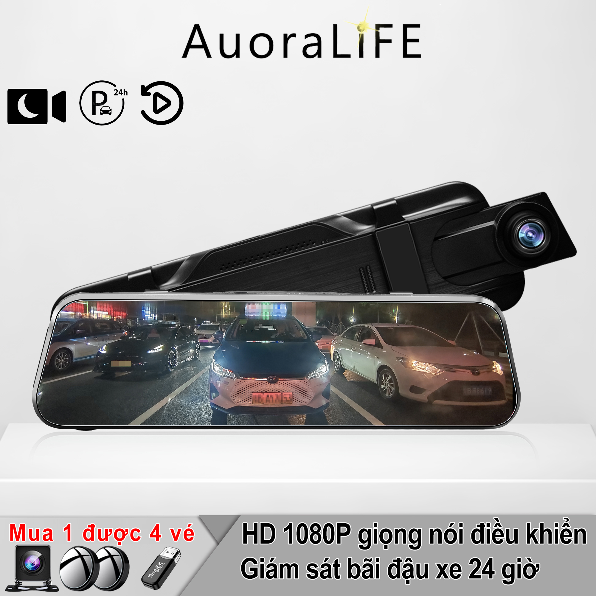 Auoralife camera hành trình gương a2, màn hình cảm ứng 10inch full hd 1080p full hd, phát hiện chuyển động- ghi hình trước sau, ghi âm, bảo hành 12 tháng