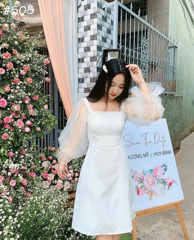 Đầm dự tiệc trắng tay phồng kết hạt siêu xinh