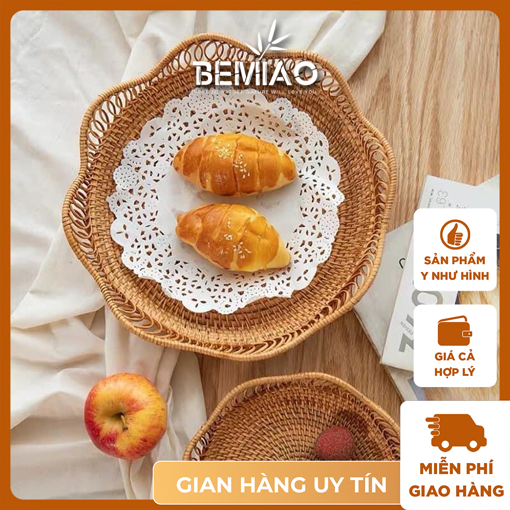 Đĩa mây vành lượn sóng đựng bánh mì, hoa quả, trà bánh Khay mây đựng đồ ăn Khay mây trang trí Khay thau rổ nhà bếp Bemiao