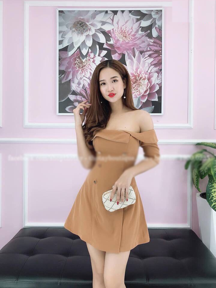 Đầm nữ xòe diềm bèo trể vai phối nút hai bên tt đ22