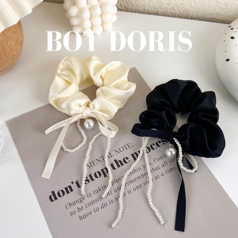 Scrunchies cột tóc lụa đính hạt nhân tạo phong cách Hàn Quốc, phụ kiện tóc nữ dễ thương BOT DORIS