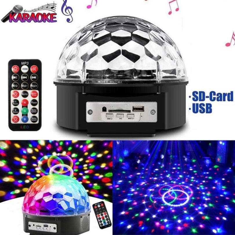 Đèn Nhảy Nhạc Vinahouse - Đèn Led Pha Lê quả cầu xoay 7 màu Karaoke cảm biến nháy theo nhạc, khe cắm USB SD card, MP3 LED Crystal Magic Ball Light
