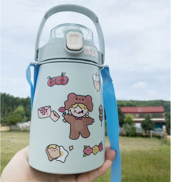 [ Freeship Max ]Bình Nước Giữ Nhiệt Nóng Lạnh  Inox Cao Cấp Siêu Cute Có Ống Hút  Kèm Sticker  - Ly Nước Giữ Nhiệt