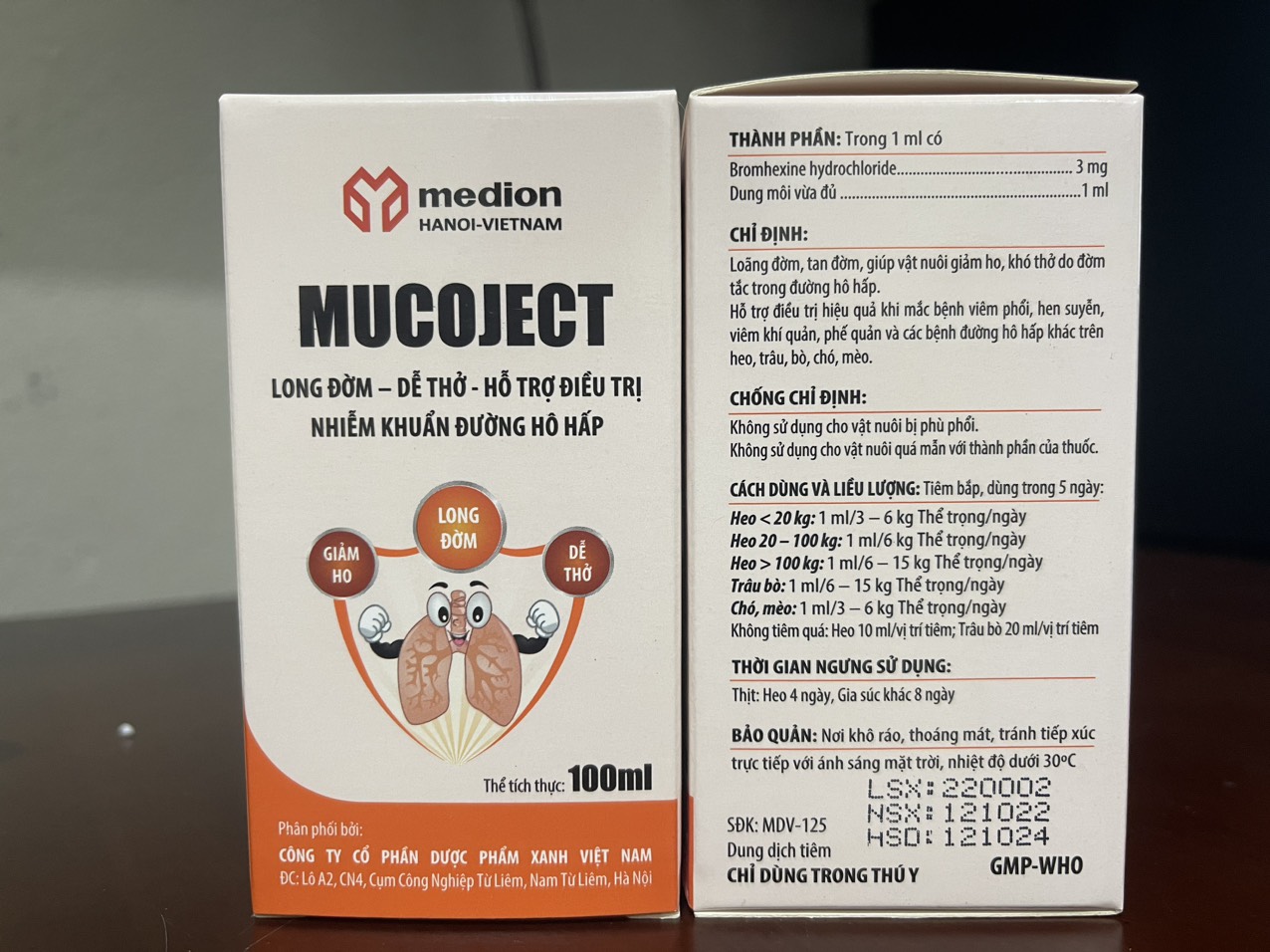 Thuốc long đờm - dễ thở mucoject 100ml greenpharma hỗ trợ hô hấp cho động vật bị ho hen nặn, crd, ccrd, app....
