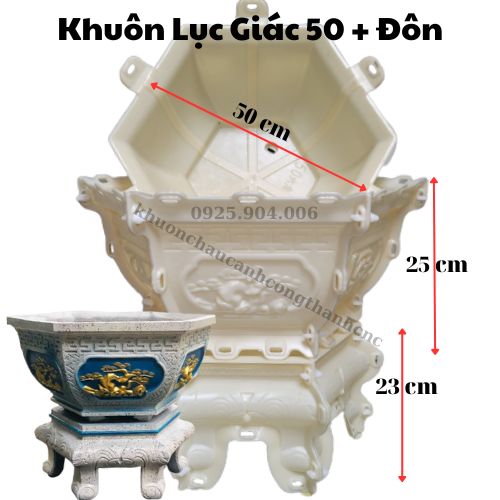 Khuôn đúc chậu cảnh Lục Giác 50 kết hợp chân đôn, Chất liệu nhựa ABS cao cấp, Dùng làm chậu cây cảnh xi măng