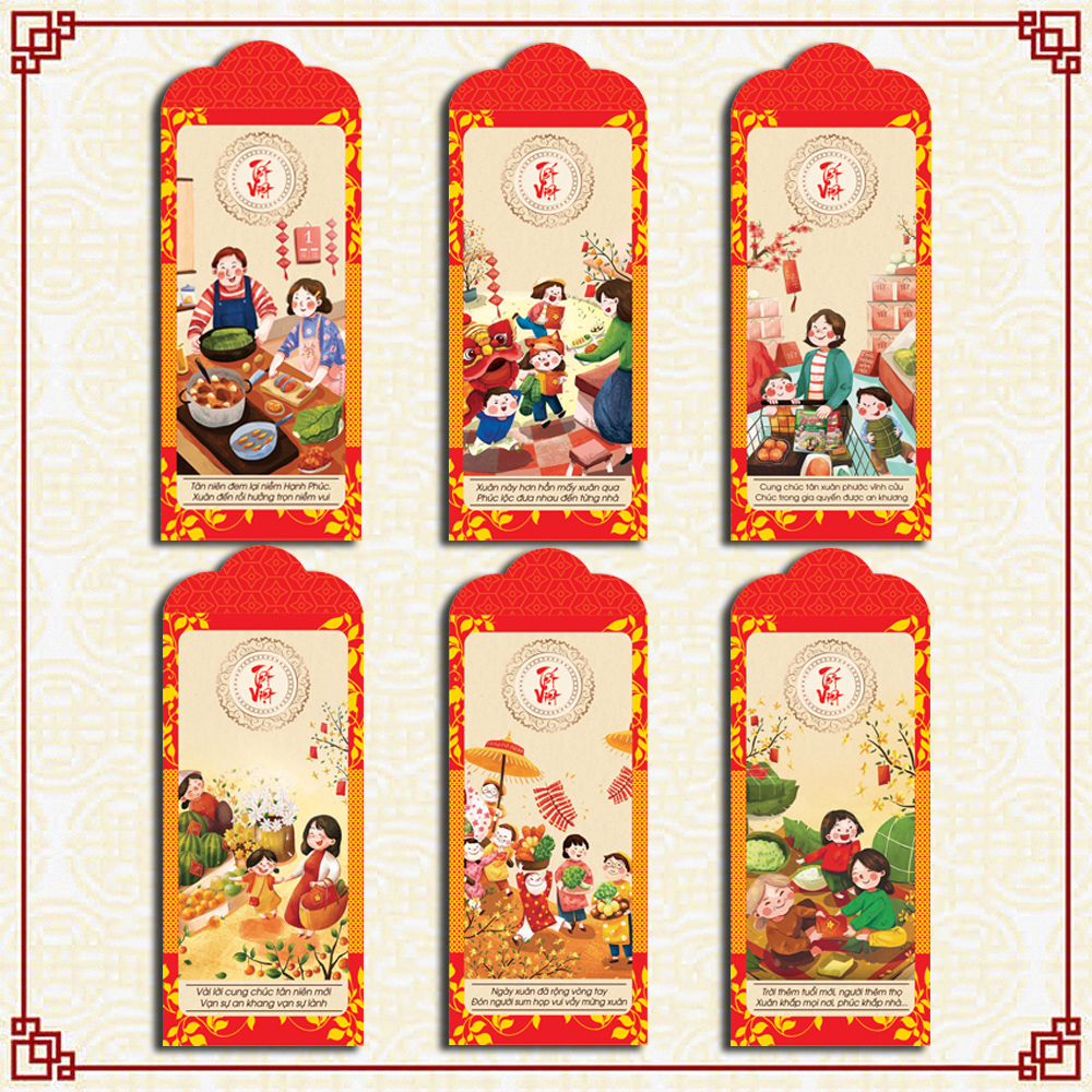 Set 200 bao lì xì tết 2024 Đỏ hạnh phúc giao đủ mẫu (Mẫu 6)