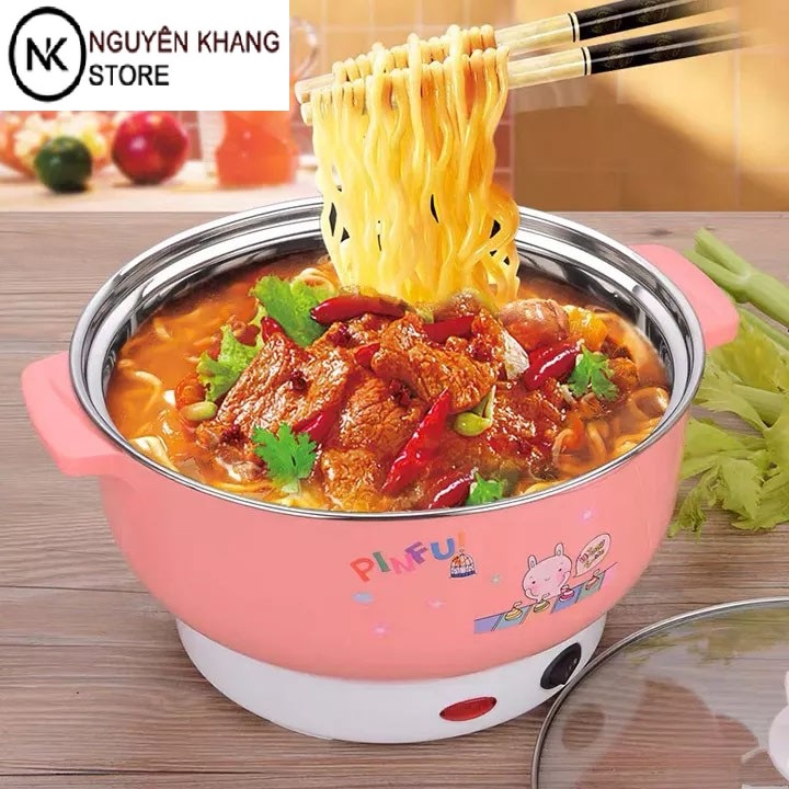 Nồi lẩu điện mini 26cm nikai vung kính - nồi lẩu đa năng gia đình 24 cm đa năng chiên xào rán
