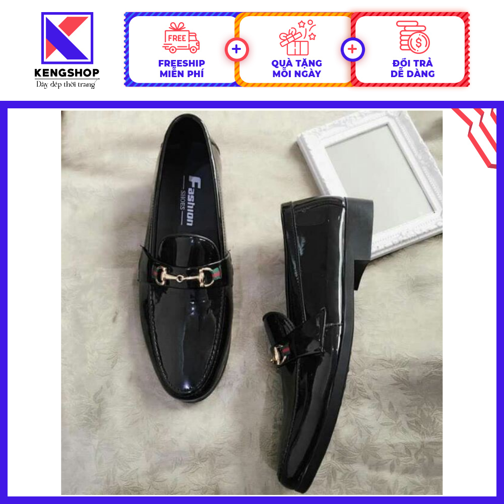 [HCM]Giày lười nam da bóng, phối khóa kim loại, đế cao khâu, kiểu dáng mới nhất năm