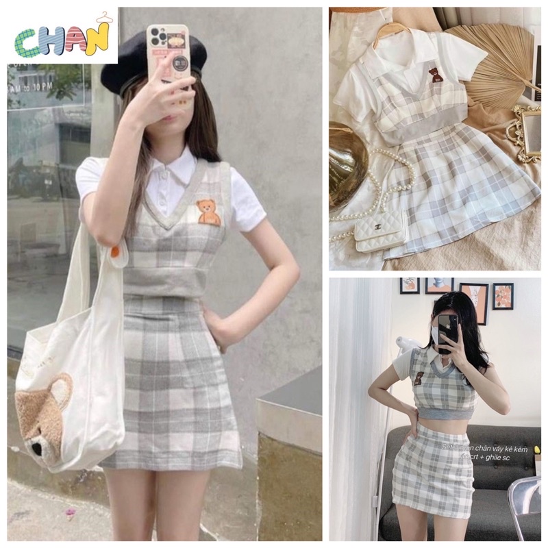 Set Váy Cổ Nơ Kèm Áo Gile Len  NBT1K10