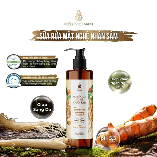 Sữa Rửa Mặt Nghệ Nhân Sâm MELA Giảm Mụn Sáng Da Dịu Nhẹ, Gel Rửa Mặt Cấp Ẩm Giảm Thâm Và Cân Bằng pH 200ml