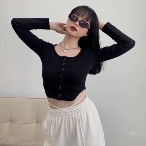 Áo croptop nữ vạt bầu dài tay phối cúc dọc vải thun tăm co giãn