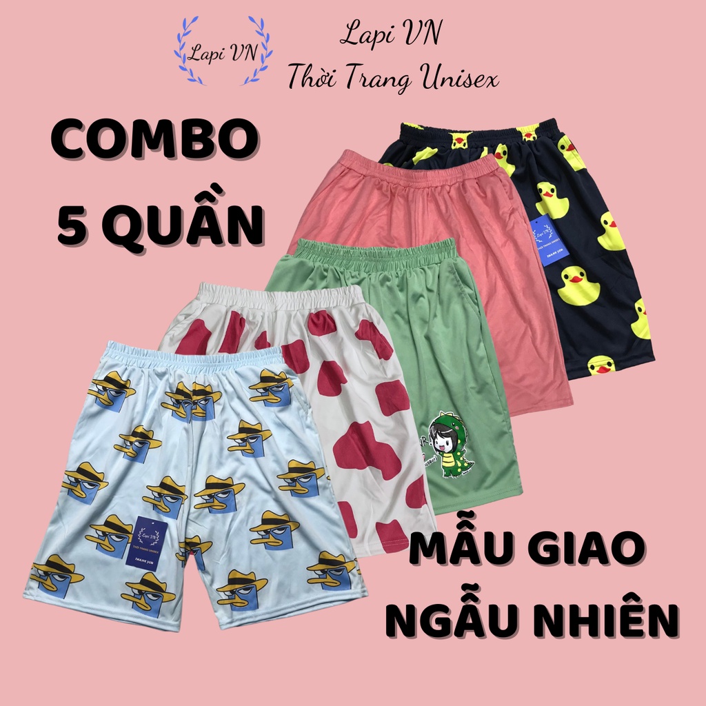 Combo 5 Quần Short Lửng Hoạt Hình Lapi VN, Giao Mẫu Ngẫu Nhiên, Freesize từ 40 Đến 65kg