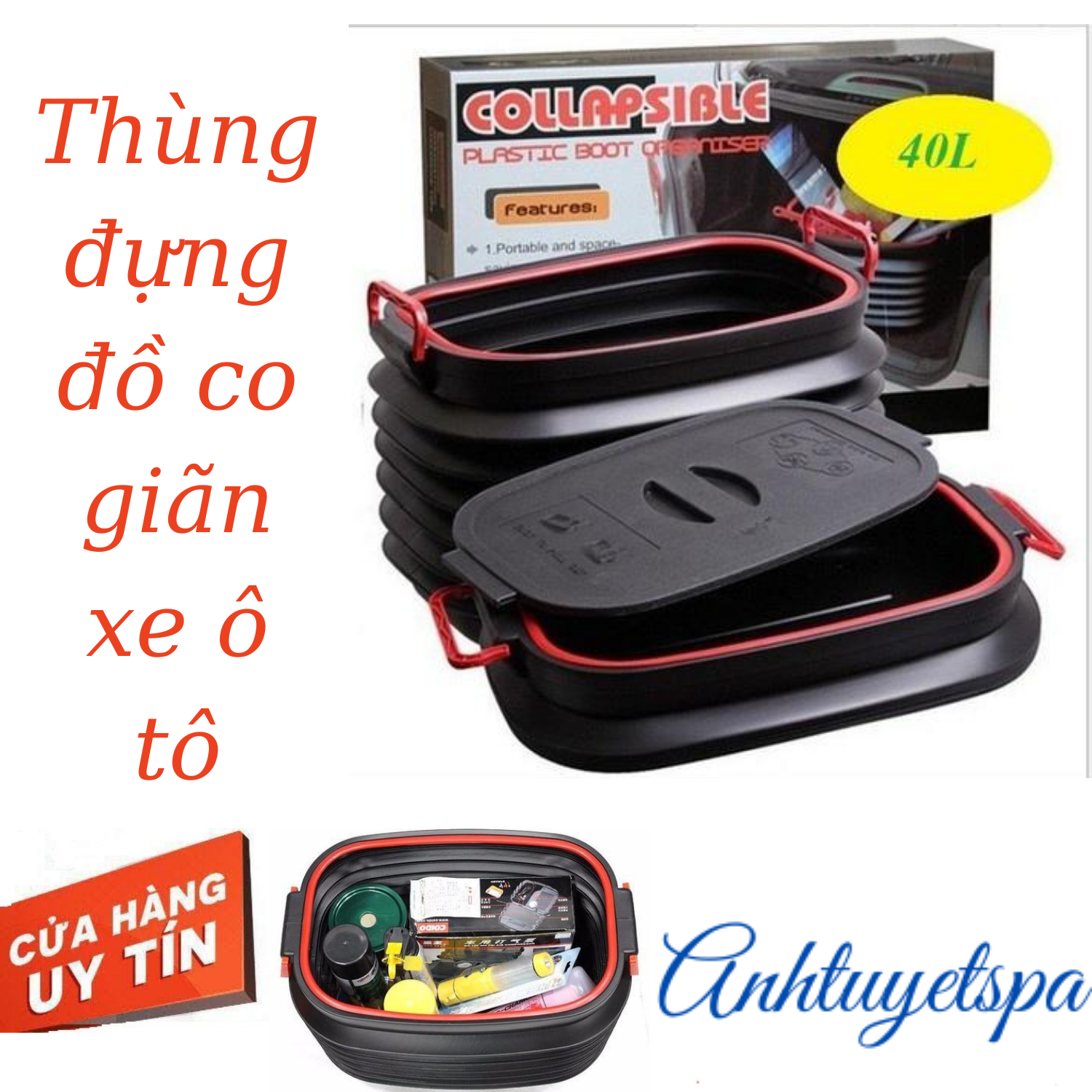 Thùng đựng đồ cho ô tô xe máy du lịch gấp gọn co giãn có nắp tiện lợi 40 lít