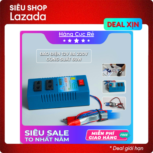 Máy biến điện 12V ra 220V chuyển đổi inverter, công suất đảo điện 60W, dùng cho đèn, sạc điện thoại, router wifi, loa, mp3 - Shop Hàng Cực Rẻ