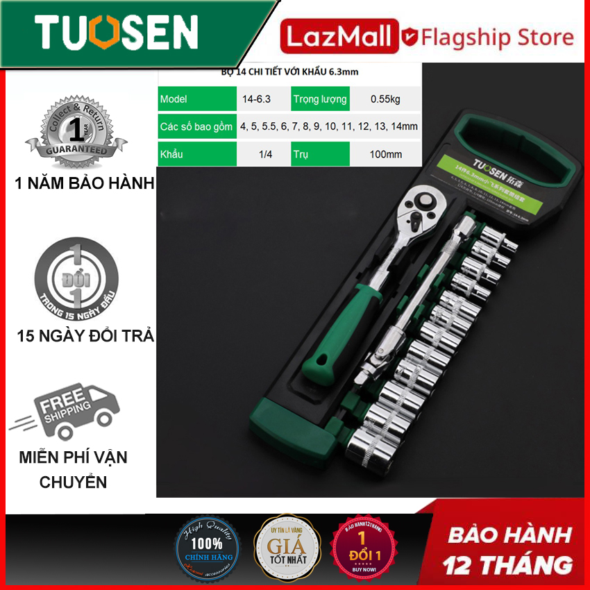Bộ khẩu mở xiết ốc 14 chi tiết, sửa chữa xe máy đa năng; Bộ khẩu, Bộ vặn khẩu 2 chiều tự động Tuosen 14+ khẩu nối + cần xiết, 1/4 TUOSEN