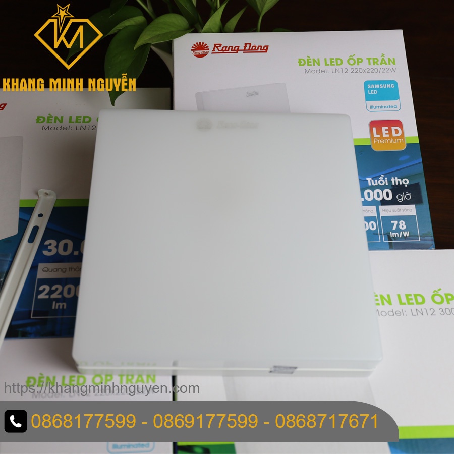 Đèn led ốp trần rạng đông vuông ln12-220x220/22w 6500k ss, đèn ốp trần ban công, ốp trần sảnh, ốp hành lang, ốp logia
