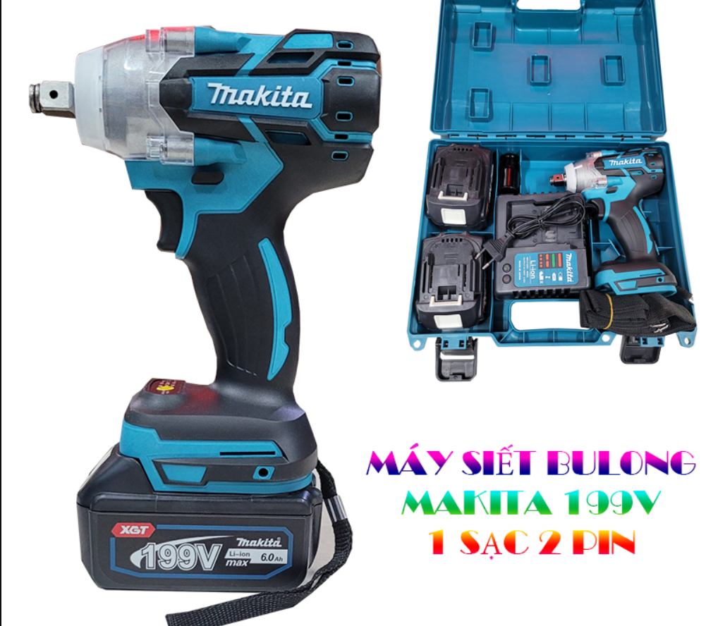 ( HÀNG NHẬP KHẨU ) SALE 50% Máy siết bulong pin Makita 199V Lực siết 980Nm Động cơ KHÔNG CHỔI THAN 2 PIN 15 cell - Máy bắn bulong lực siết Lớn Dụng cụ cần thiết cho gia đình,GARA OTO,XE MÁY BH 12 tháng