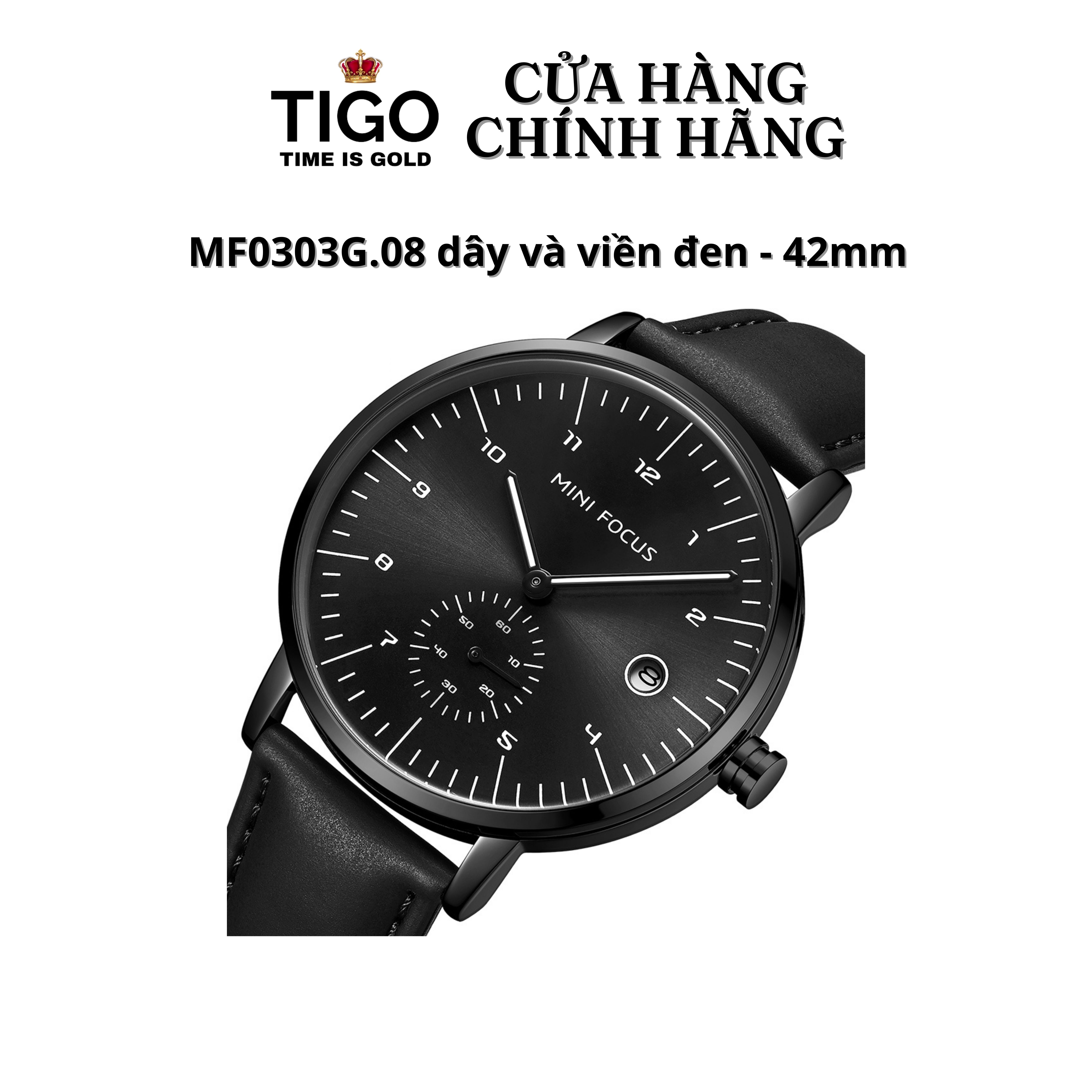 Đồng Hồ Nam MINI FOCUS MF0303G .08 Dây Da Đen Viền Đen Thép Không Gỉ Cao
