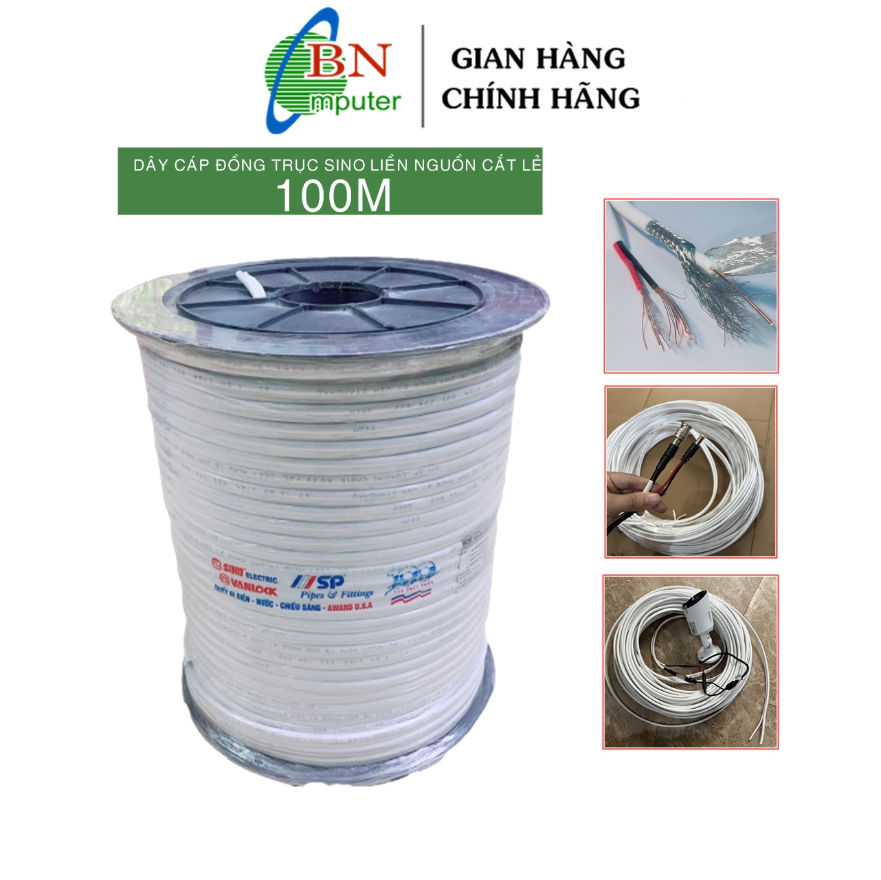 Dây cáp đồng trục liền nguồn Sino 100 mét, dây tín hiệu liền nguồn thi công camera