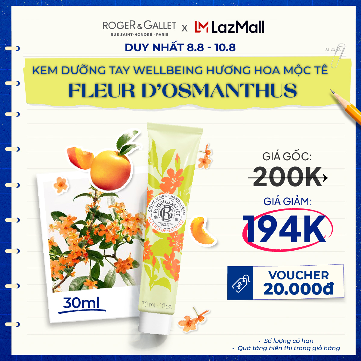 Kem dưỡng da tay Wellbeing hương hoa mộc tê Roger&Gallet Fleur d'Osmanthus 30ml