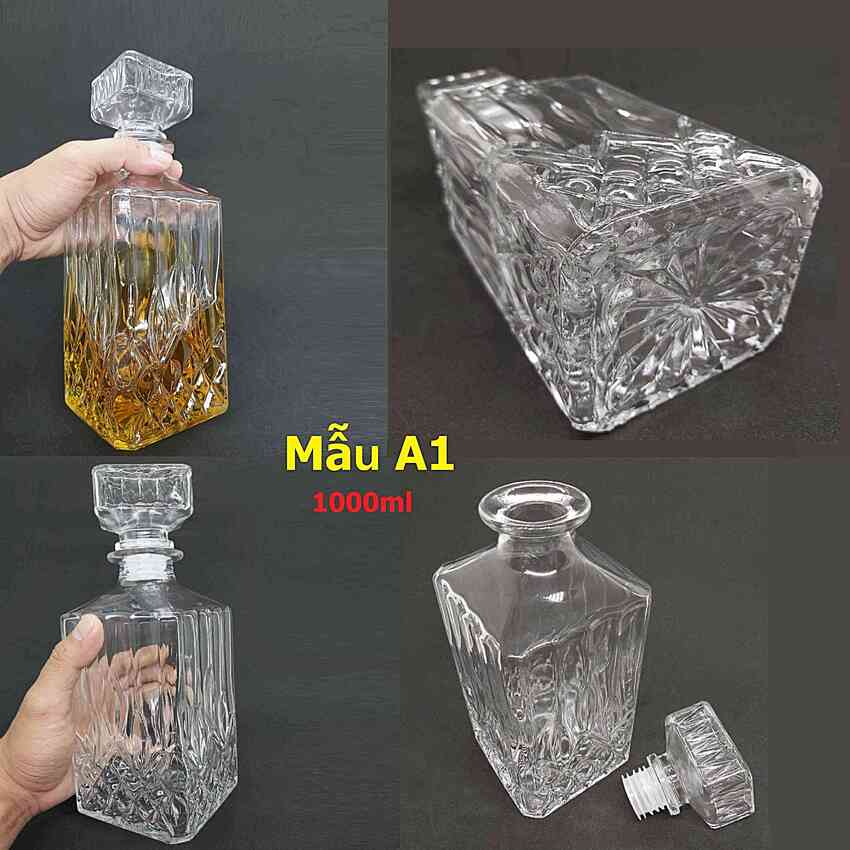 Vỏ Chai Rượu Đẹp 1000ML (combo 2 cái) mẫu vuông - Chai Thủy Tinh Đựng Rượu 1 lít - Bình Đựng Rượu Thủy Tinh trang trí nhà cửa (A1)