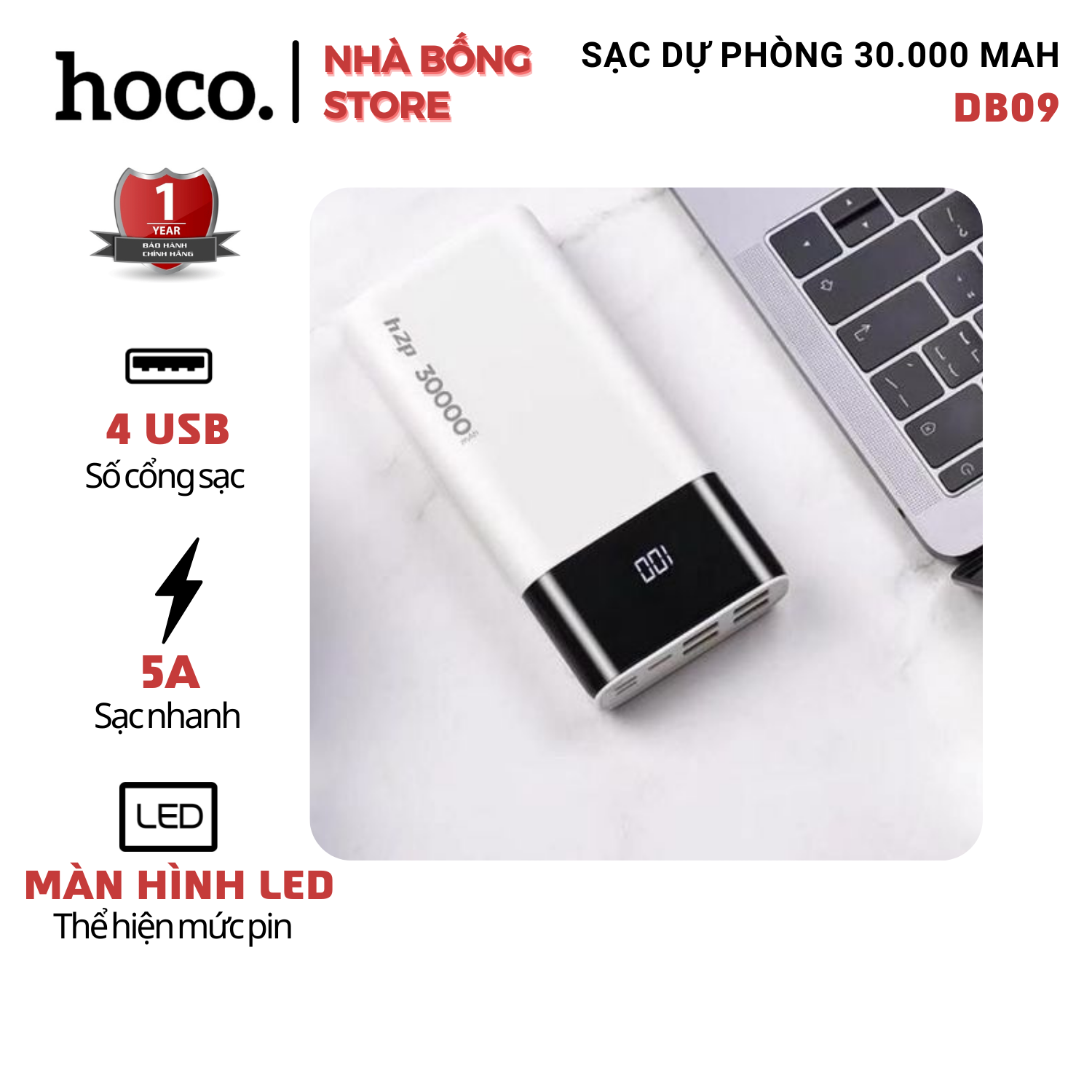 [BH 12 THÁNG] Pin Sạc Dự Phòng 30000mAh Sạc Nhanh 18W DB09 Hỗ Trợ 4 Cổng USB OUT Vật liệu chống cháy ABS + PC