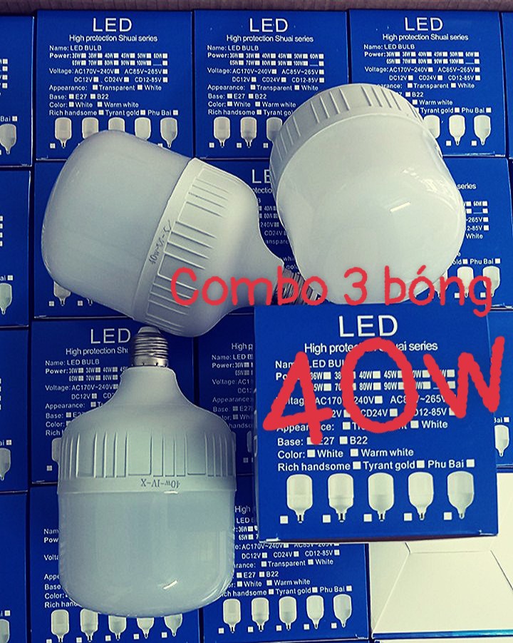 Bộ combo 3 bóng đèn led trụ tròn công suất 40w đui e27 kín nước - ánh sáng trắng - bảo hành 1 năm - siêu sáng