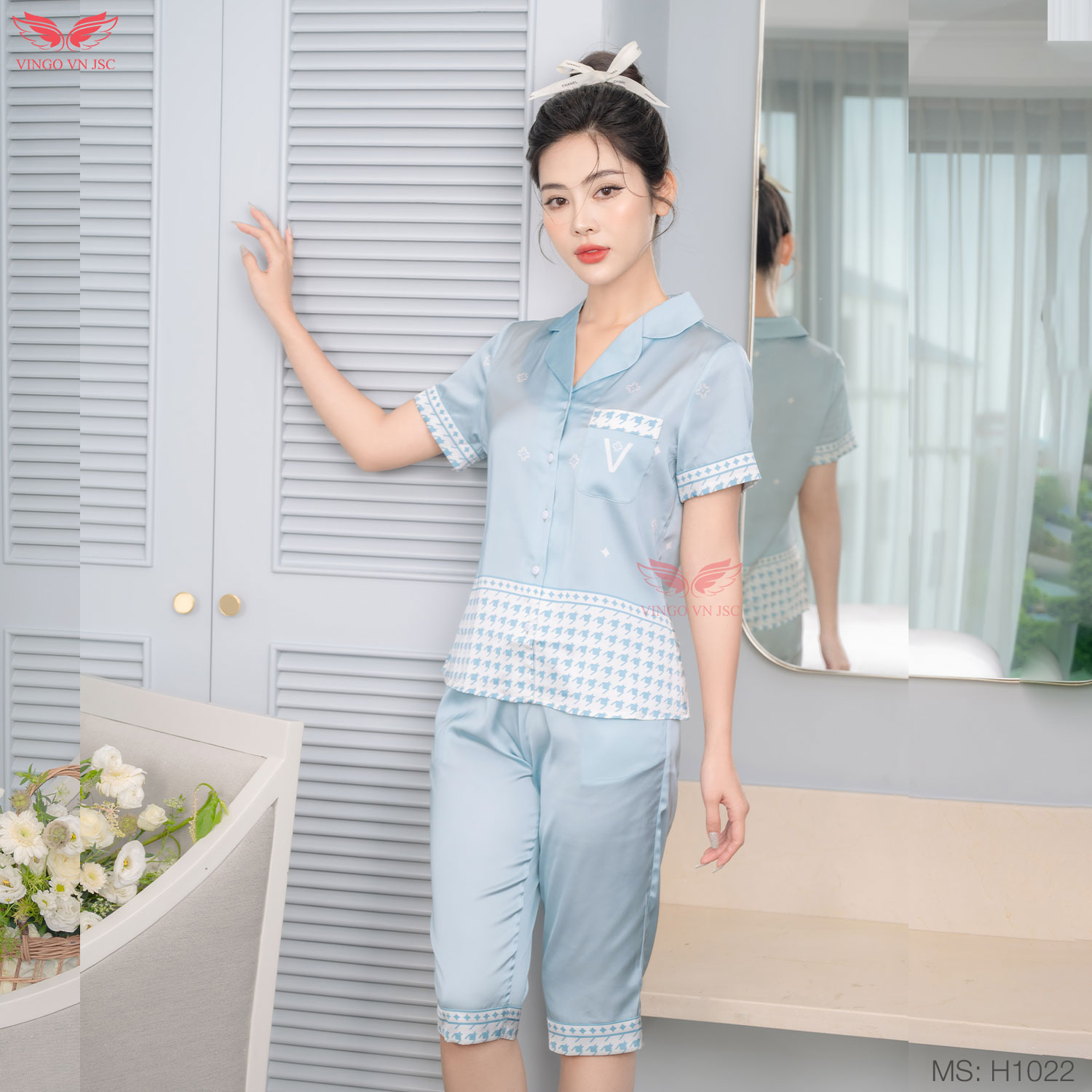 Đồ ngủ nữ mặc nhà pijama lụa Pháp Vingo tay ngắn quần lửng TCQL H1022 VNGO
