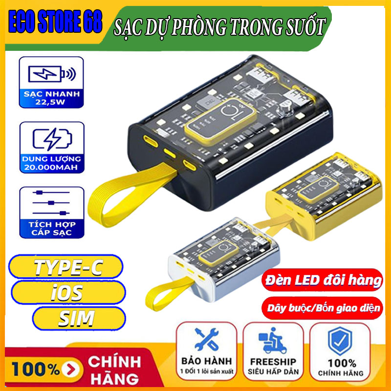 Sạc dự phòng 20000mAh, Pin sạ dự phòng cao cấp thiết kế màn hình LED hiển thị phần trăm pin cực sang trọng, 5 cổng sạc nhanh an toàn cho mọi điện thoại, sạc dự phòng không dây, sạc pin dự phòng, sạc nhanh