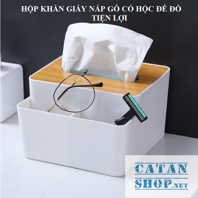 Hộp đựng giấy ăn để bàn nắp gỗ có ngăn để đồ đa năng, hộp khăn giấy nắp gỗ kèm khay để đồ tiện dụng gd554-nago-2ngan