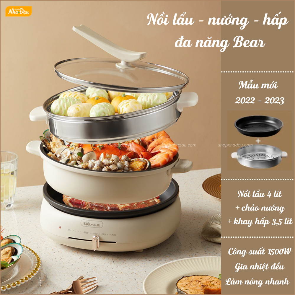 Bếp Lẩu Nướng Đa Năng Bear 3 trong 1, 3 Khay Hấp - Nồi Lẩu Đa Năng 4L