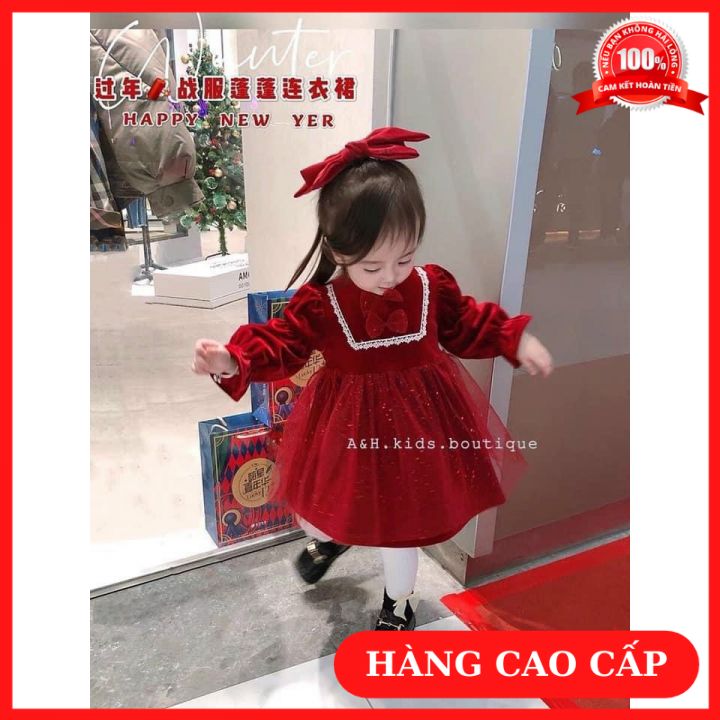 [FreeShip+Quà 35K]Đầm Váy Nhung Đỏ Phối Ren Xòe Cho Bé Gái Đi Chơi Noel Giáng Sinh, Diện Tết Tặng Nơ Đỏ Cài Tóc BM House Kids
