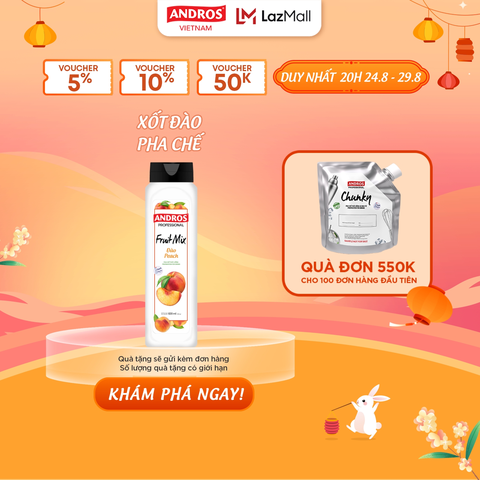 Xốt đào pha chế - làm từ trái cây thật - andros fruit mix - nguyên liệu pha chế - 820ml