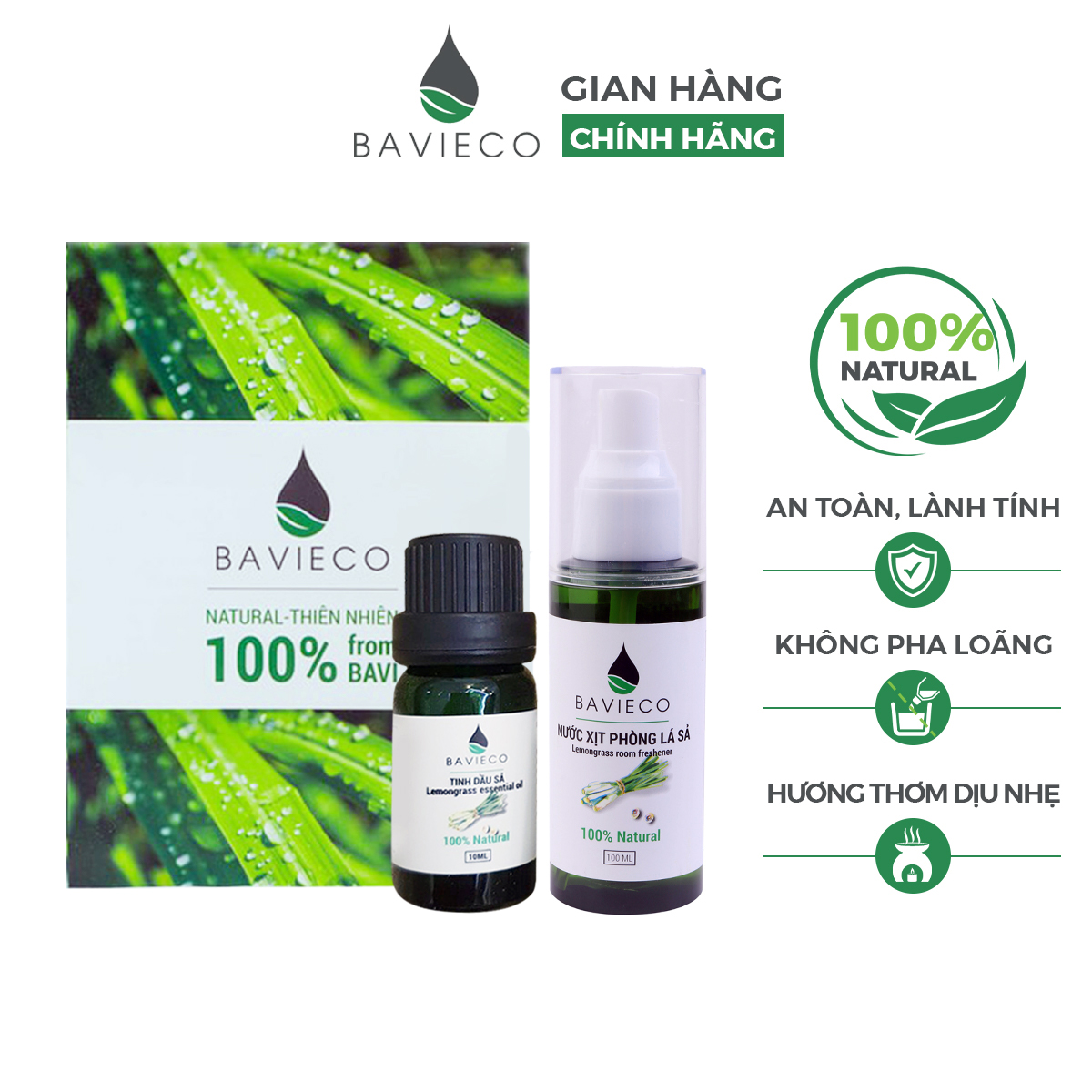 Combo Tinh dầu sả 10ml và nước xịt phòng lá sả 100ml BAVIECO thơm phòng, ngừa muỗi, an toàn