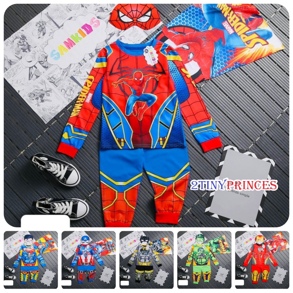 Bộ quần áo siêu nhân hóa trang người nhện, khổng lồ xanh, đội trưởng mỹ, người sắt dài tay kèm áo choàng và mặt nạ cho bé trai DT62