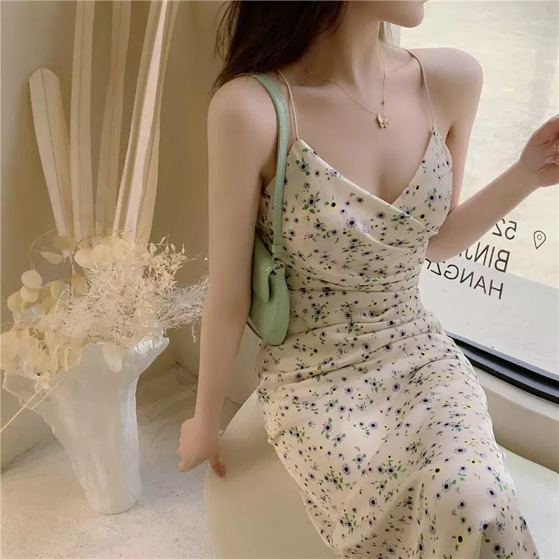 Đầm hoa nhí 2 dây maxi chất lụa thun sữa mềm mại